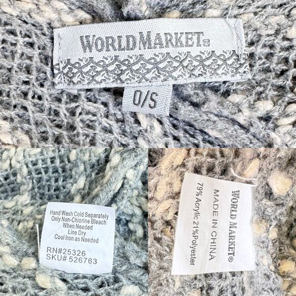 World Market Acrylic Blend Gray Cream Fringe Trim Asymmetrical Poncho One Size - Picture 8 of 8